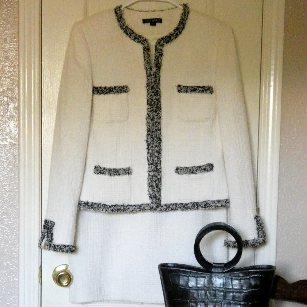 Tahari Boucle Skirt Suit Size 6 White & Black